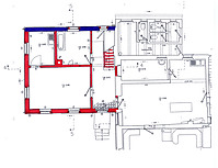 Baualtersplan, Grundriss EG (Bausubstanz 2. H. 19. Jh. - rot - hat sich im Erdgeschoss ebenso wie in allen anderen Geschossen noch weitgehend vollständig und ungestört erhalten. Älter könnte eventuell die in Quadern gemauerte Westwand - violett - sein) / Ausgedinghaus in 88682 Weildorf (27.11.2015 - S. Uhl)