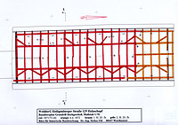 Baualtersplan, 1. DG, M 1:70 (bauzeitliche Bestand - rot - umfasst den linken und mittleren Teil der Scheune, die rechte Zone des Dachwerkes - orange - wurde erst nachträglich angefügt) / Holzschopf in 88682 Weildorf (S. Uhl)