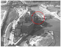 Hagenbucher-Areal mit neuem Kraftwerk (1950er Jahre) / Wasserkraftwerk "Hagenbucher" in 74072 Heilbronn (Dr. J. Hennze, Planungs- und Baurechtsamt Heilbronn, Untere Denkmalschutzbehörde (Luftbild f001-f-99200632))