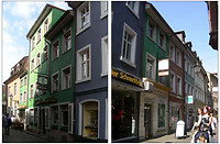 Baukomplex Universitätsstr. 2-6 (links) und Rathausgasse 16 (Mitte rechts) / sog. ehemaliges "Ratsstüble" Baukomplex Universitätsstraße 2-6/Rathausgasse 16  in 79098 Freiburg, Altstadt (02.05.2008 - Baukern (Löbbecke))