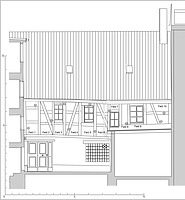 Hoffassade mit Abbundzeichenkartierung. / Wohnhaus Hüetlinstraße 2, 78462 Konstanz in 78462 Konstanz (04.04.2016 - Zeichnung Feist Architektur, Eintragung Abbundzeichen winterfuchs)