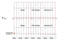 Rekonstruktionsversuch der bauzeitlichen Grundrissgliederung auf Grundlage von Bezugsachsenschnittpunkt und Bundseitenorientierung. / Wohnhaus in 74834 Elztal-Dallau (Januar 2021 - Planersteller: Jonas Senghaas, Januar 2021) Rekonstruktionsversuch der bauzeitlichen Grundrissgliederung auf Grundlage von Bezugsachsenschnittpunkt und Bundseitenorientierung. / Wohnhaus in 74834 Elztal-Dallau (Januar 2021 - Planersteller: Jonas Senghaas, Januar 2021)