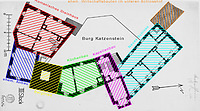 Grundriss der einzelnen Gebäude im oberen Burghof (vgl. Bauaufnahme von C.A.Koch, ca. 1905 - 1907) / Burg Katzenstein in 89561 Dischingen, Katzenstein (11.11.2011 - Michael Hermann; Grundlage: Landesamt für Denkmalpflege, Esslingen.) Grundriss der einzelnen Gebäude im oberen Burghof (vgl. Bauaufnahme von C.A.Koch, ca. 1905 - 1907) / Burg Katzenstein in 89561 Dischingen, Katzenstein (11.11.2011 - Michael Hermann; Grundlage: Landesamt für Denkmalpflege, Esslingen.)