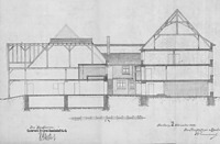 Querschnitt durch die Parzellenbebauung von 1919 / ehem. Gasthaus "Goldener Becher" in 79219 Staufen, Staufen im Breisgau (Burghard Lohrum: Staufener Häuser aus sieben Jahrhunderten, Baugeschichtlicher Stadtkataster. In: Regierungspräsidium Stuttgart, Landesamt für Denkmalpflege; Arbeitskreis für Hausforschung, Regionalgruppe Baden-Württemberg (Hrsg.): Südwestdeutsche Beiträge zur historischen Bauforschung, Band 9, 2013, S.97)