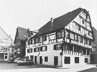 Hist. Ansicht gegen SO, Ecke Schrannengasse  / Wohn- und Geschäftshaus in 88400 Biberach, Biberach an der Riß (Bildindex Foto Marburg: LAD BW/ Tübingen, Microfiche-Scan mi04935d11)