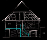 Querschnitt durch den Mühlenteil (rot: Rekonstruktion des einstigen Umgangs) / Ehem. Mühle in 88697 Bermatingen (20.03.2013 - A. Kuch) Querschnitt durch den Mühlenteil (rot: Rekonstruktion des einstigen Umgangs) / Ehem. Mühle in 88697 Bermatingen (20.03.2013 - A. Kuch)