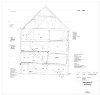 Querschnitt, Verformungsgetreues Handaufmaß, (Genauigkeitsstufe III), Digitalisierung  / Wohnhaus Neugasse 3/5 in Konstanz (13.02.2015 - WinterFuchs Bauforschung http://www.winterfuchs.de/index.php?PG=zwei_mittelalterliche_wohnhaeuser_in, abgerufen am 13.02.2015)